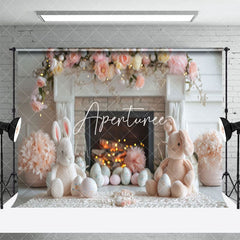 Aperturee - Aperturee Pink Floral Fireplace Bunny Doll Easter Backdrop