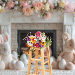 Aperturee - Aperturee Pink Floral Fireplace Bunny Doll Easter Backdrop