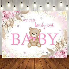 Aperturee - Aperturee Pink Floral Glitter Bear Baby Shower Backdrop