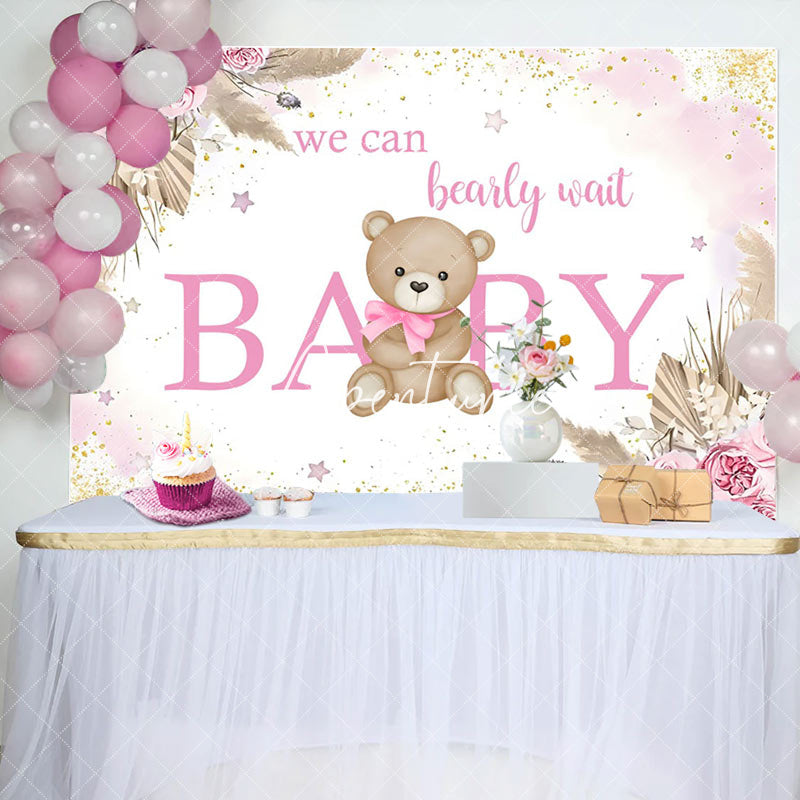 Aperturee - Aperturee Pink Floral Glitter Bear Baby Shower Backdrop