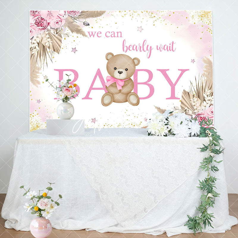 Aperturee - Aperturee Pink Floral Glitter Bear Baby Shower Backdrop