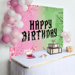 Aperturee - Aperturee Pink Floral Green Branches Happy Birthday Backdrop