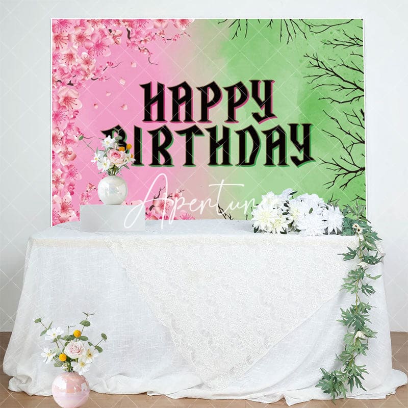 Aperturee - Aperturee Pink Floral Green Branches Happy Birthday Backdrop