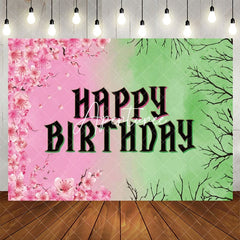 Aperturee - Aperturee Pink Floral Green Branches Happy Birthday Backdrop