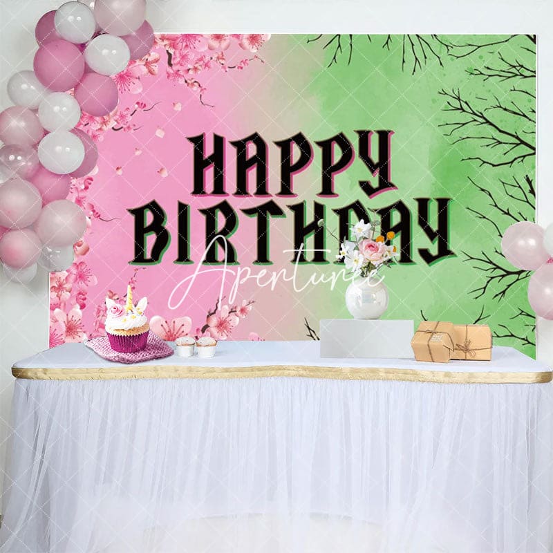 Aperturee - Aperturee Pink Floral Green Branches Happy Birthday Backdrop