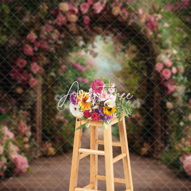 Aperturee - Aperturee Pink Floral Green Plant Arch Door Spring Backdrop