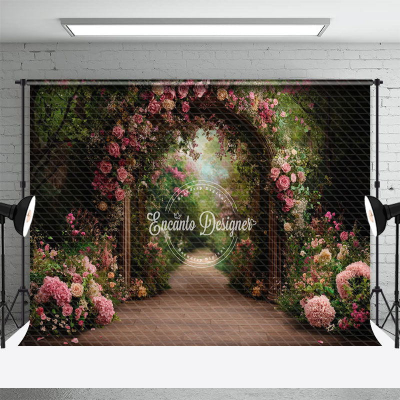 Aperturee - Aperturee Pink Floral Green Plant Arch Door Spring Backdrop