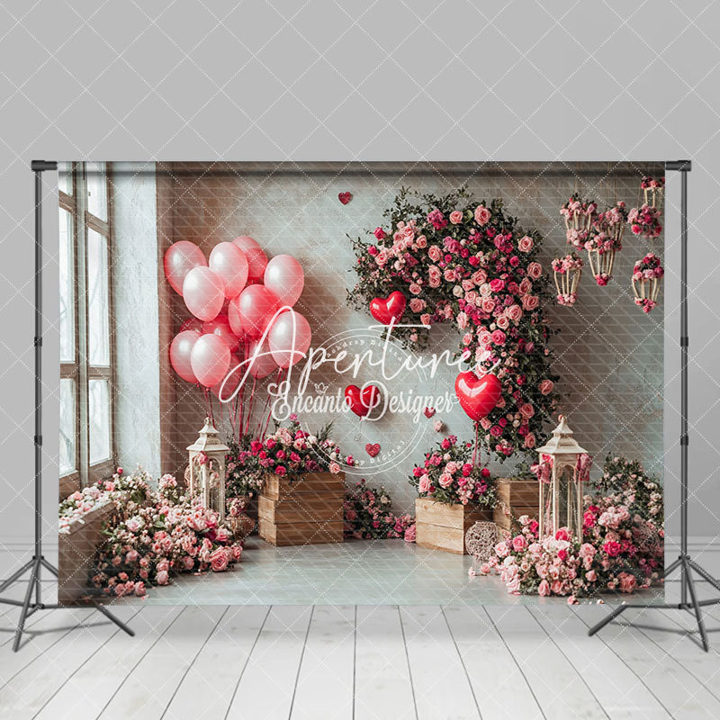 Aperturee - Aperturee Pink Floral Greenery Balloons Valentines Day Backdrop