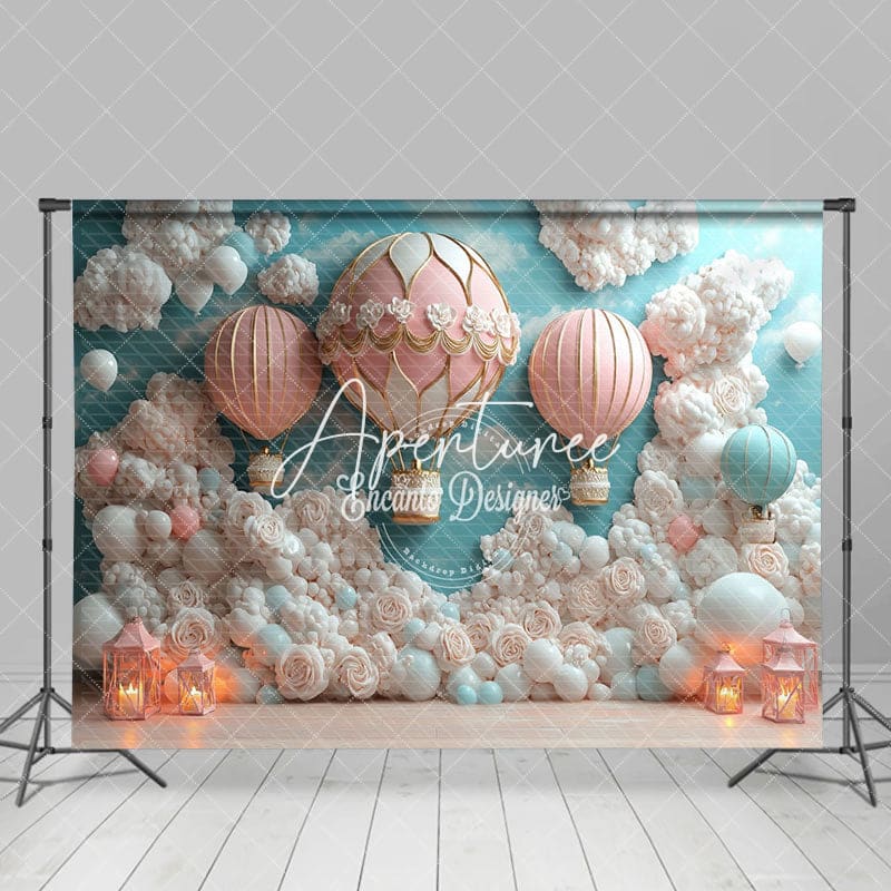 Aperturee - Aperturee Pink Floral Hot Air Balloon Cake Smash Backdrop