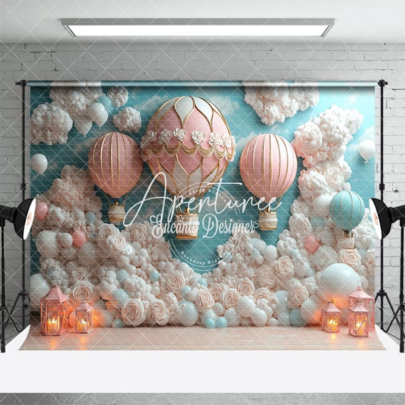 Aperturee - Aperturee Pink Floral Hot Air Balloon Cake Smash Backdrop