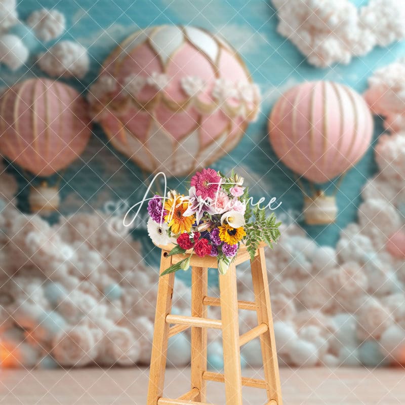 Aperturee - Aperturee Pink Floral Hot Air Balloon Cake Smash Backdrop