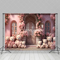 Aperturee - Aperturee Pink Floral House Teddy Bear Valentines Day Backdrop