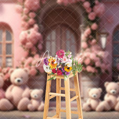 Aperturee - Aperturee Pink Floral House Teddy Bear Valentines Day Backdrop