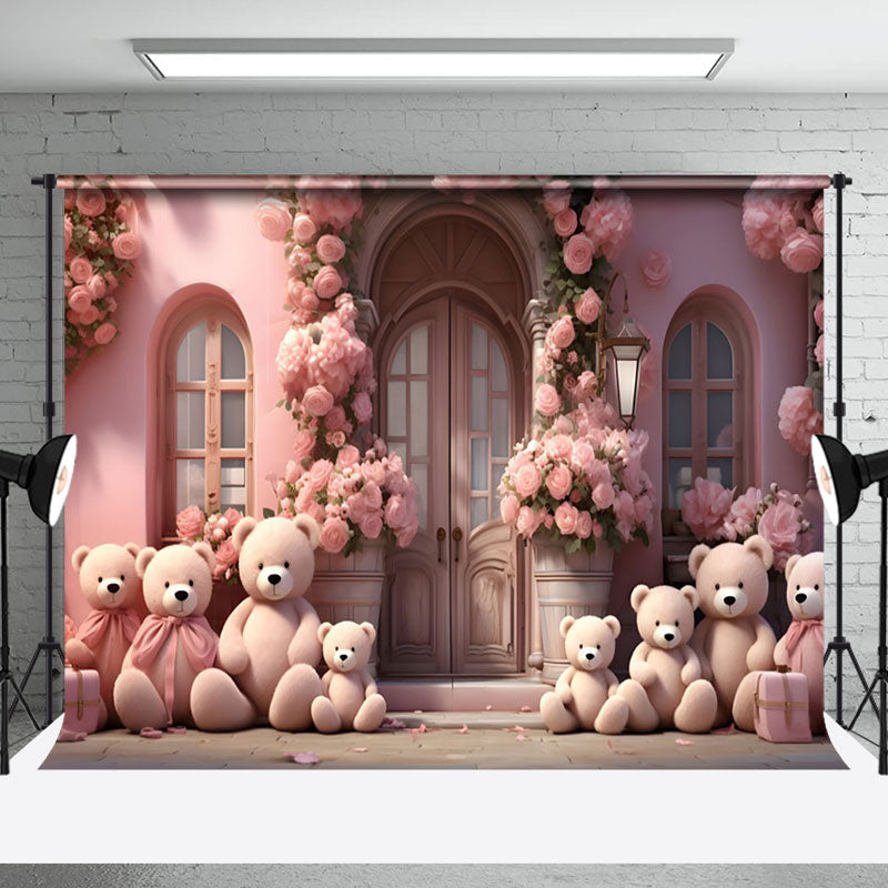 Aperturee - Aperturee Pink Floral House Teddy Bear Valentines Day Backdrop