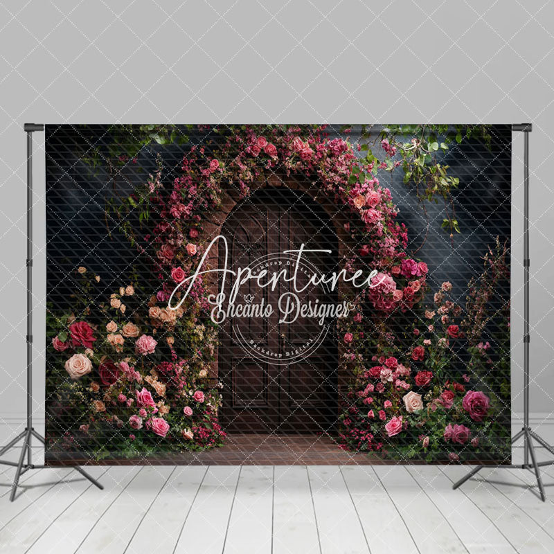 Aperturee - Aperturee Pink Floral Natural Plant Brown Door Photo Backdrop