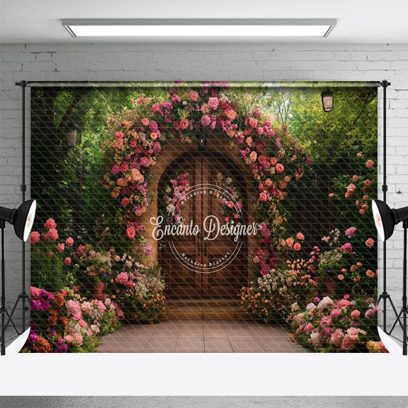 Aperturee - Aperturee Pink Floral Natural Plant Garden Gate Photo Backdrop