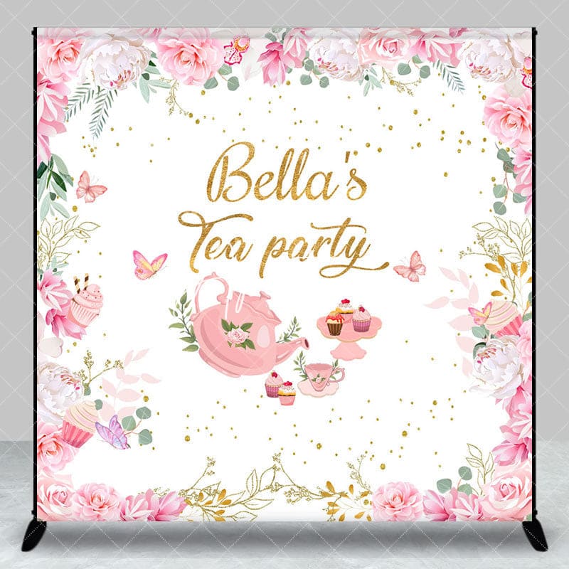 Aperturee - Aperturee Pink Floral Paper Cake Custom Name Tea Party Backdrop