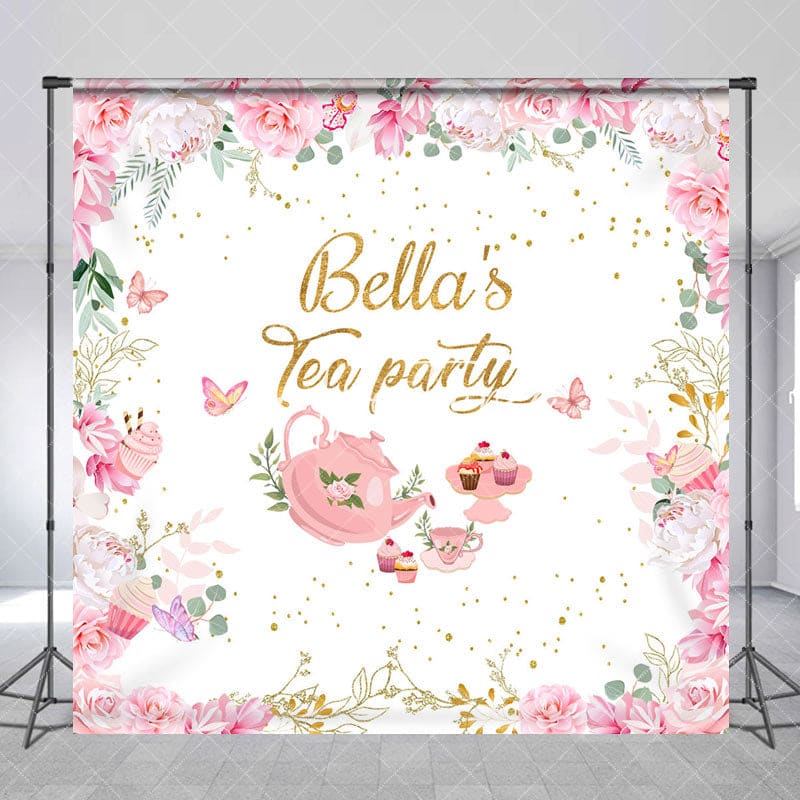 Aperturee - Aperturee Pink Floral Paper Cake Custom Name Tea Party Backdrop