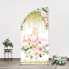 Aperturee - Aperturee Pink Floral Pig Gold Glitter Birthday Arch Backdrop