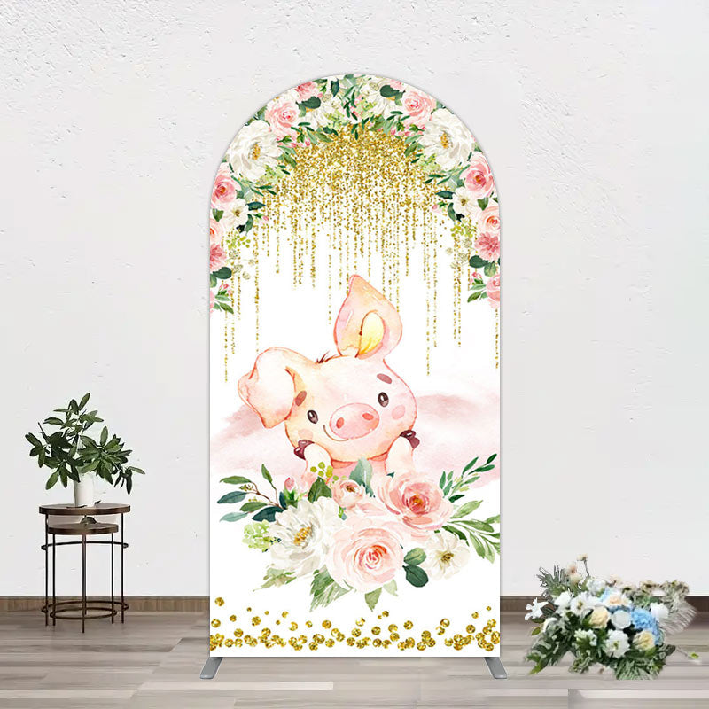 Aperturee - Aperturee Pink Floral Pig Gold Glitter Birthday Arch Backdrop