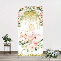 Aperturee - Aperturee Pink Floral Pig Gold Glitter Birthday Arch Backdrop