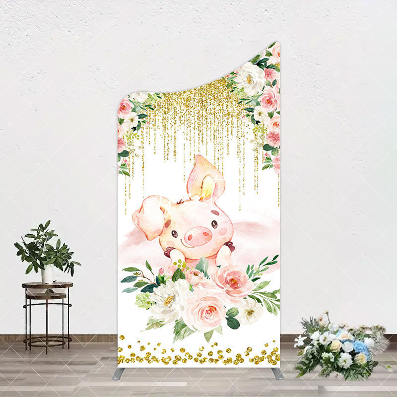 Aperturee - Aperturee Pink Floral Pig Gold Glitter Birthday Arch Backdrop