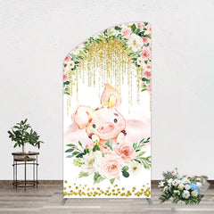 Aperturee - Aperturee Pink Floral Pig Gold Glitter Birthday Arch Backdrop