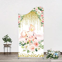 Aperturee - Aperturee Pink Floral Pig Gold Glitter Birthday Arch Backdrop