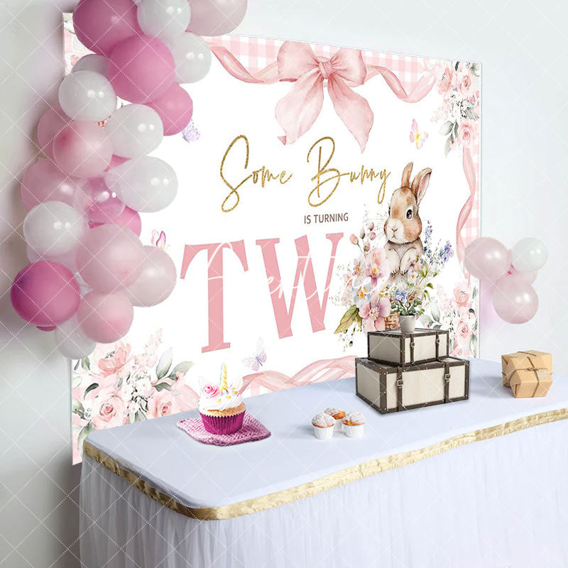 Aperturee - Aperturee Pink Floral Plaid Some Bunny 2nd Birthday Backdrop