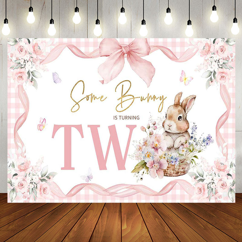 Aperturee - Aperturee Pink Floral Plaid Some Bunny 2nd Birthday Backdrop