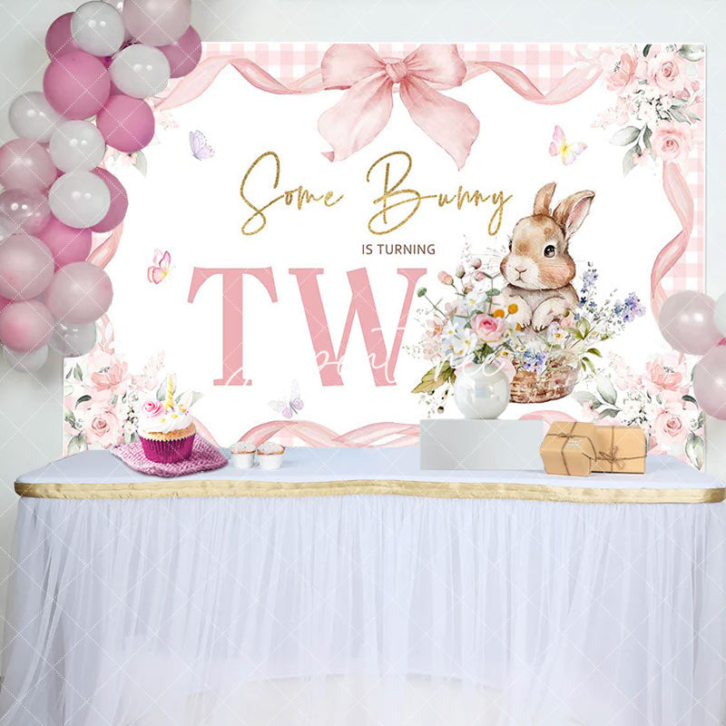 Aperturee - Aperturee Pink Floral Plaid Some Bunny 2nd Birthday Backdrop