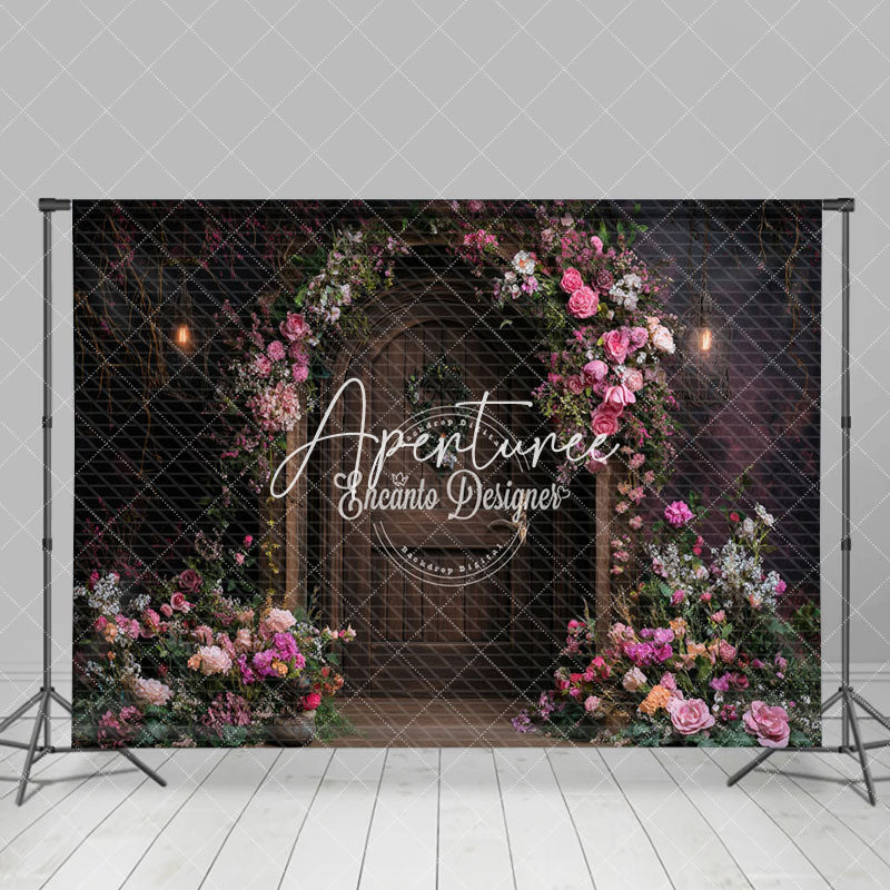 Aperturee - Aperturee Pink Floral Plant Brown Door Spring Photo Backdrop