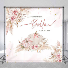 Aperturee - Aperturee Pink Floral Pumpkin Custom Name Baby Shower Backdrop