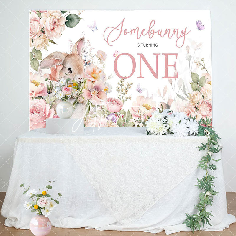 Aperturee - Aperturee Pink Floral Rabbit Somebunny 1st Birthday Backdrop