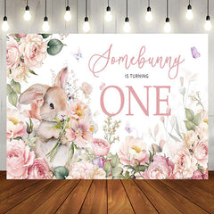 Aperturee - Aperturee Pink Floral Rabbit Somebunny 1st Birthday Backdrop