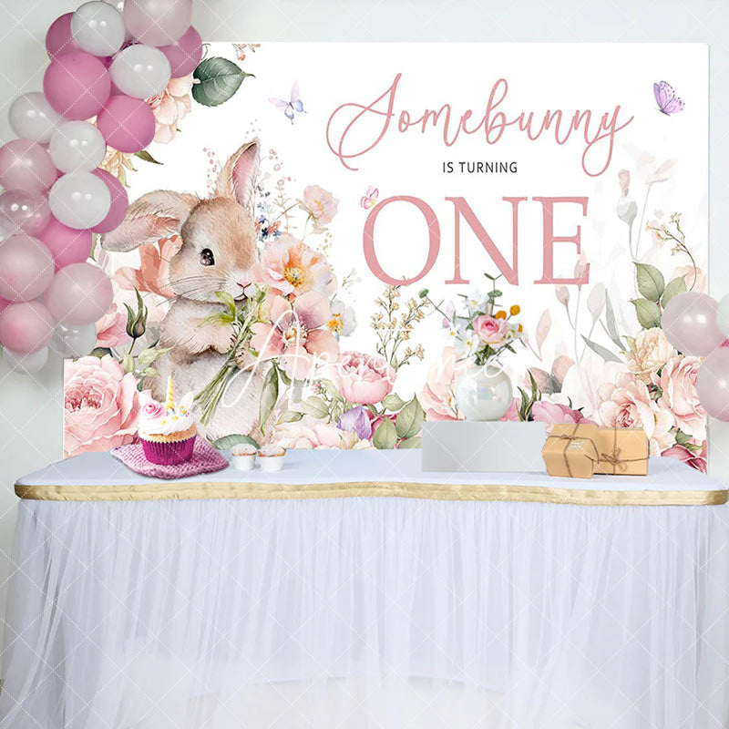 Aperturee - Aperturee Pink Floral Rabbit Somebunny 1st Birthday Backdrop