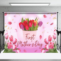 Aperturee - Aperturee Pink Floral Ribbons Happy First Mothers Day Backdrop