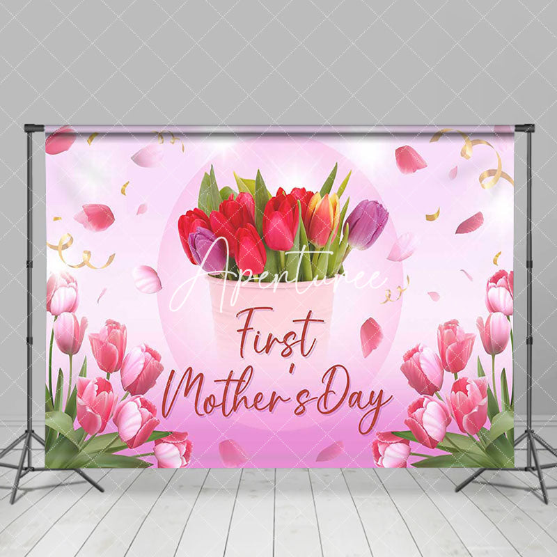 Aperturee - Aperturee Pink Floral Ribbons Happy First Mothers Day Backdrop