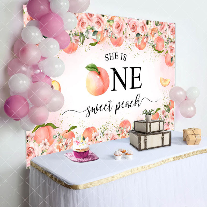 Aperturee - Aperturee Pink Floral She Is One Sweet Peach Birthday Backdrop