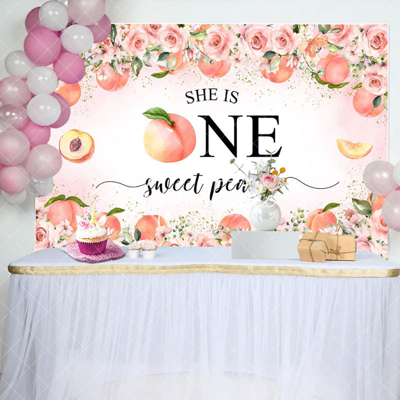 Aperturee - Aperturee Pink Floral She Is One Sweet Peach Birthday Backdrop