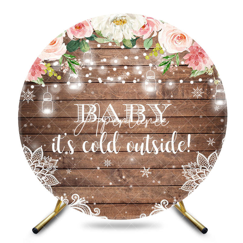 Aperturee - Aperturee Pink Floral Snowy Wooden Round Baby Shower Backdrop