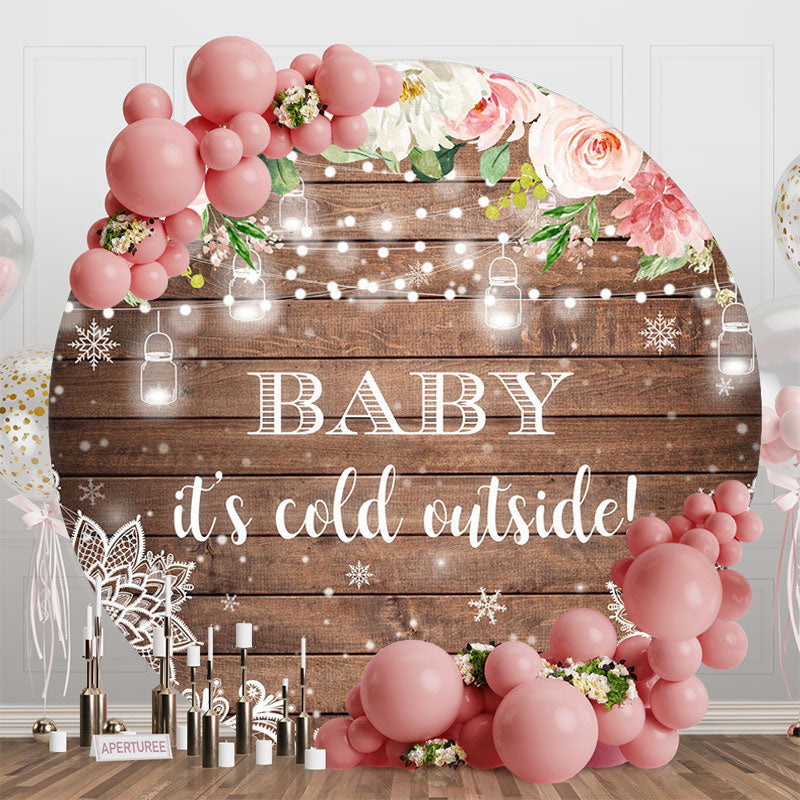 Aperturee - Aperturee Pink Floral Snowy Wooden Round Baby Shower Backdrop