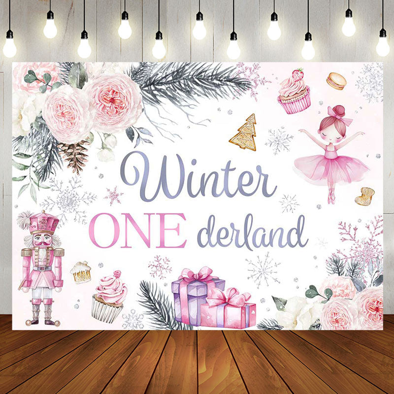 Aperturee - Aperturee Pink Floral Soldier Cake Winter Onederland Backdrop