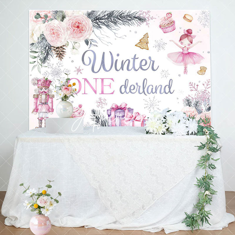 Aperturee - Aperturee Pink Floral Soldier Cake Winter Onederland Backdrop