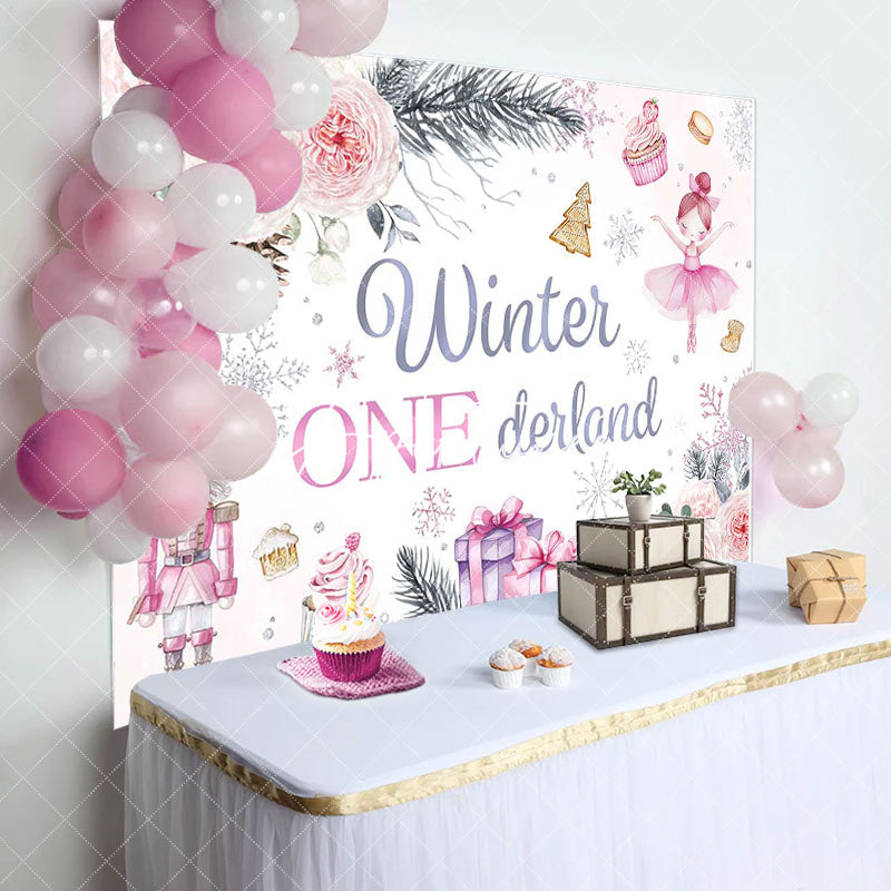 Aperturee - Aperturee Pink Floral Soldier Cake Winter Onederland Backdrop