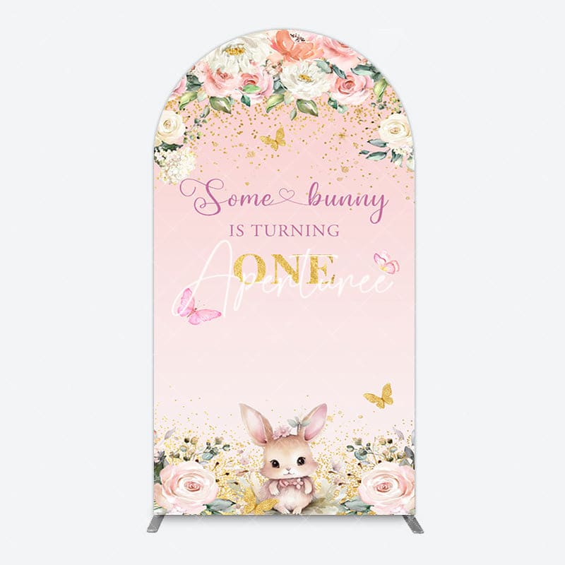 Aperturee - Aperturee Pink Floral Some Bunny Is Turning One Arch Backdrop