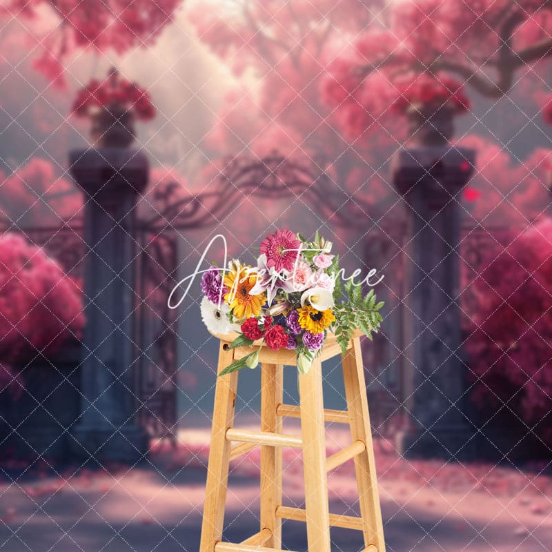 Aperturee - Aperturee Pink Floral Tree Vintage Gate Backdrop For Wedding