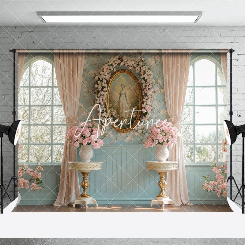 Aperturee - Aperturee Pink Floral Vintage Portrait Blue Window Backdrop