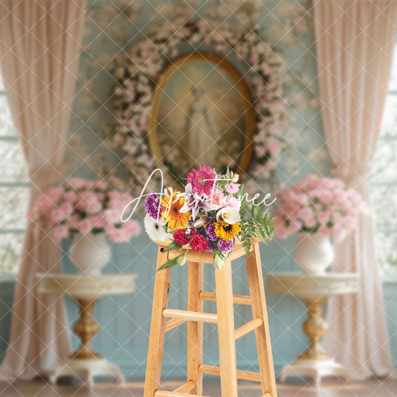 Aperturee - Aperturee Pink Floral Vintage Portrait Blue Window Backdrop