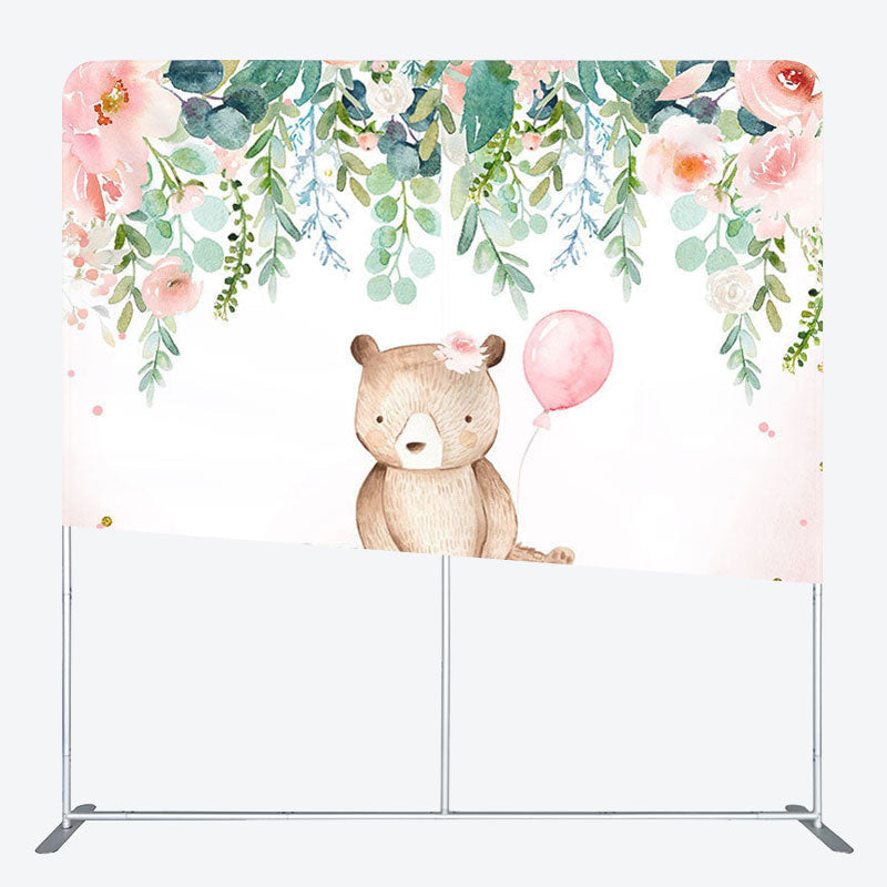 Aperturee - Aperturee Pink Flower Bear Fabric Backdrop Cover for Baby Shower